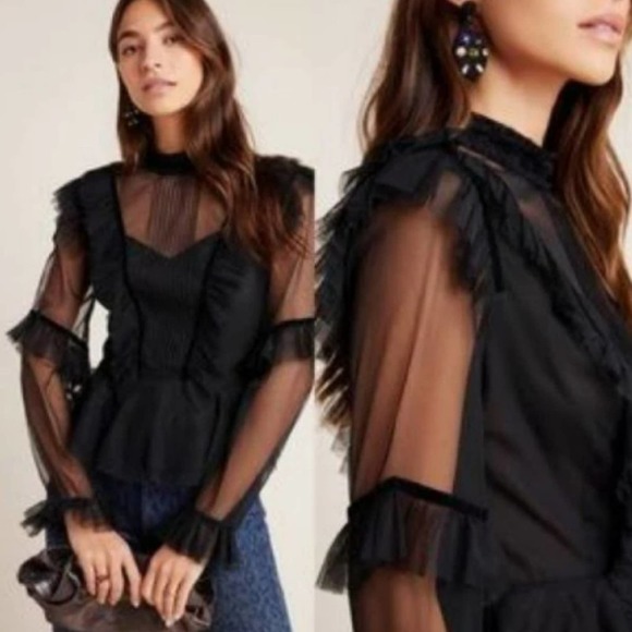 Anthropologie Tops - Geisha Designs • Anthropologie • Black Lace Mesh Peplum High Neck Size 10